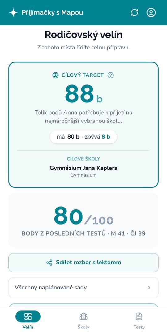 Rodičovský velín v aplikaci Přijímačky s Mapou